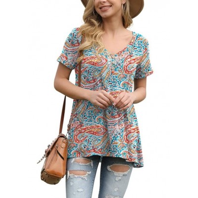 30 Flower Cashew Blue GreenWomens Summer Short Sleeve Tunic Tops Loose Fit Casual T-Shirt Button Up Blouses