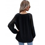 Black Women's Long Sleeve Notched Neck Blouse Top Contrast Lace Solid Shirt