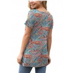30 Flower Cashew Blue GreenWomens Summer Short Sleeve Tunic Tops Loose Fit Casual T-Shirt Button Up Blouses