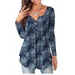 Blue Plus Size Tunic Tops Long Sleeve Casual Floral Printed Henley Shirts for Women