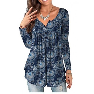 Blue Plus Size Tunic Tops Long Sleeve Casual Floral Printed Henley Shirts for Women