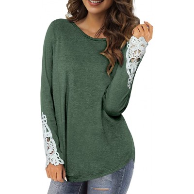 Forest Green Womens Plus Size Tops Lace Long Sleeve Casual Tunic Shirts Round Neck Blouses M-3X