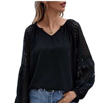 Black Women's Long Sleeve Notched Neck Blouse Top Contrast Lace Solid Shirt