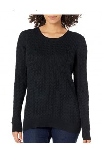 Black Women's Lightweight Long-Sleeve Cable Crewneck Sweater