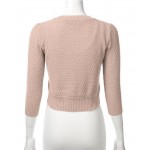 Fm3514_blush  Women's Button Down 3/4 Sleeve Crew Neck Cotton Knit Cropped Cardigan Sweater (S-3X)