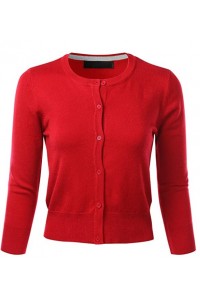 Women's Crew Neck Button Down 3/4 Sleeve Stretchy Knit Cardigan Sweater (S-L)